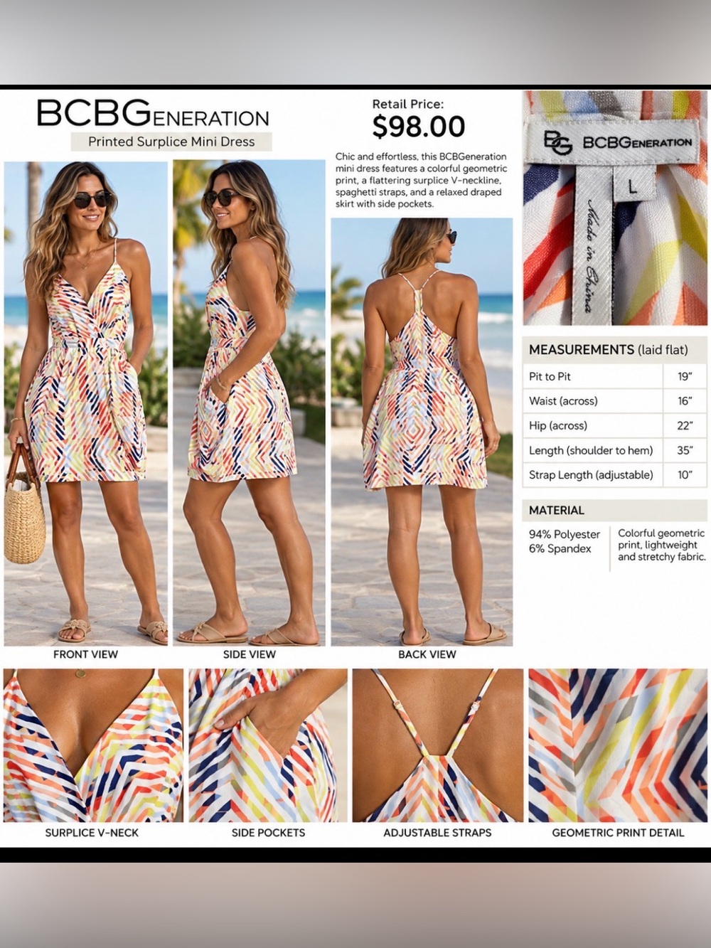 BCBGeneration Multicolor Geometric Surplice Mini Dress, Size L